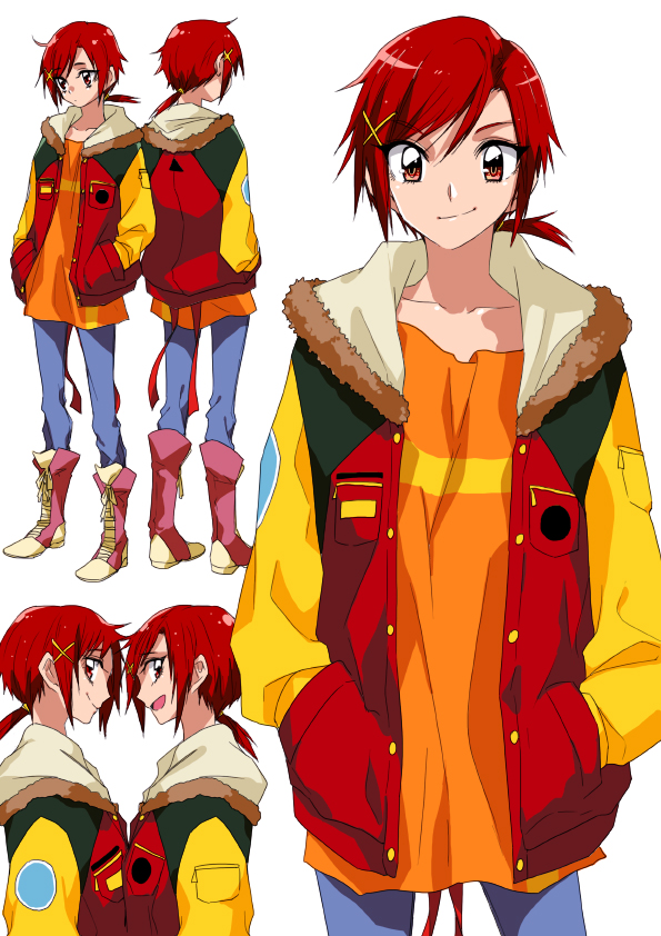 boots casual hands_in_pockets hino_akane_(smile_precure!) jacket looking_at_viewer orange_shirt precure red_eyes red_hair shirt short_hair simple_background smile smile_precure! solo tima white_background