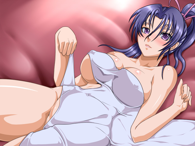 bed_sheet breasts collarbone commentary_request covered_navel covered_nipples covering groin hand_up high_ponytail kousaka_shigure kuro_fn large_breasts light_smile lips long_hair looking_at_viewer lying naked_sheet nude nude_cover on_back ponytail purple_eyes purple_hair shijou_saikyou_no_deshi_ken'ichi slit_pupils solo under_covers underboob