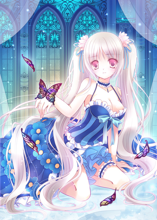 bow breasts bug butterfly choker cleavage dress flower garters hair_flower hair_ornament insect long_hair looking_at_viewer medium_breasts miyu_(botan) original ribbon silver_hair sitting solo twintails very_long_hair