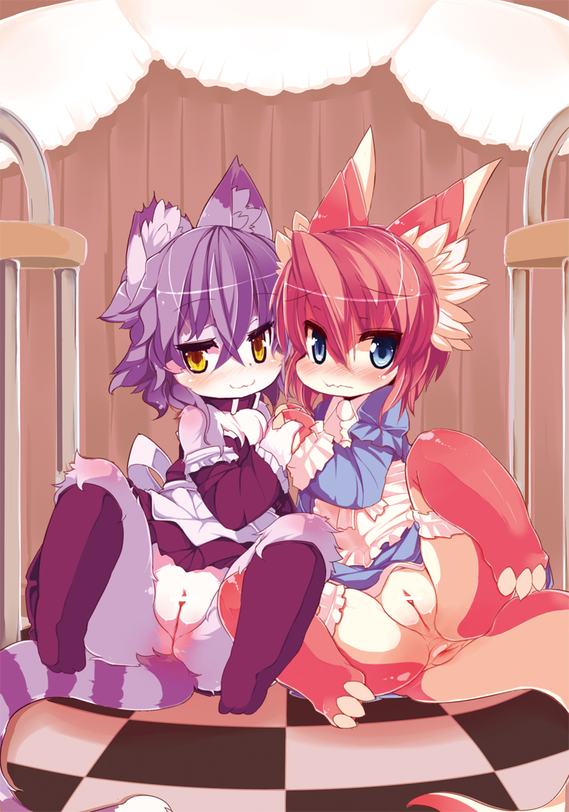 anus blue_eyes blush censored dragon feline female looking_at_viewer maid maid_uniform mammal notched_ear purple_hair pussy reptile ro scalie torn_ear yellow_eyes