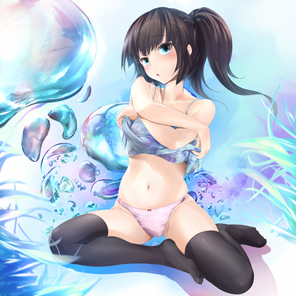 :o bare_arms bare_shoulders black_hair black_legwear blue_eyes blush bubble character_request chemise looking_at_viewer midriff navel no_shoes original panties pink_panties ponytail shirt_lift sitting skindentation solo spread_legs thighhighs underwear undressing wingheart