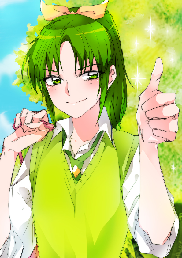green_eyes green_hair midorikawa_nao nanairogaoka_middle_school_uniform ponytail precure school_uniform short_hair sleeves_rolled_up smile smile_precure! solo sweater_vest thumbs_up tima