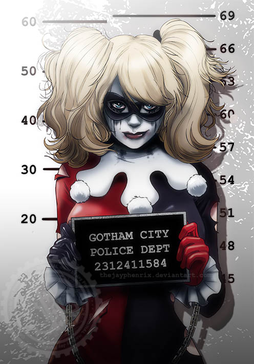 batman_(series) blonde_hair blue_eyes chain dc_comics domino_mask frills gloves harley_quinn height_chart holding holding_sign jay_phenrix lipstick makeup mask mugshot sign smug solo torn_clothes twintails watermark web_address
