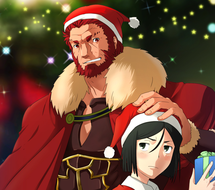 armor bangs beard black_hair blush christmas christmas_tree facial_hair fate/zero fate_(series) ftzriw gift green_eyes hand_on_another's_head hat male_focus multiple_boys parted_bangs red_eyes red_hair rider_(fate/zero) santa_costume santa_hat waver_velvet