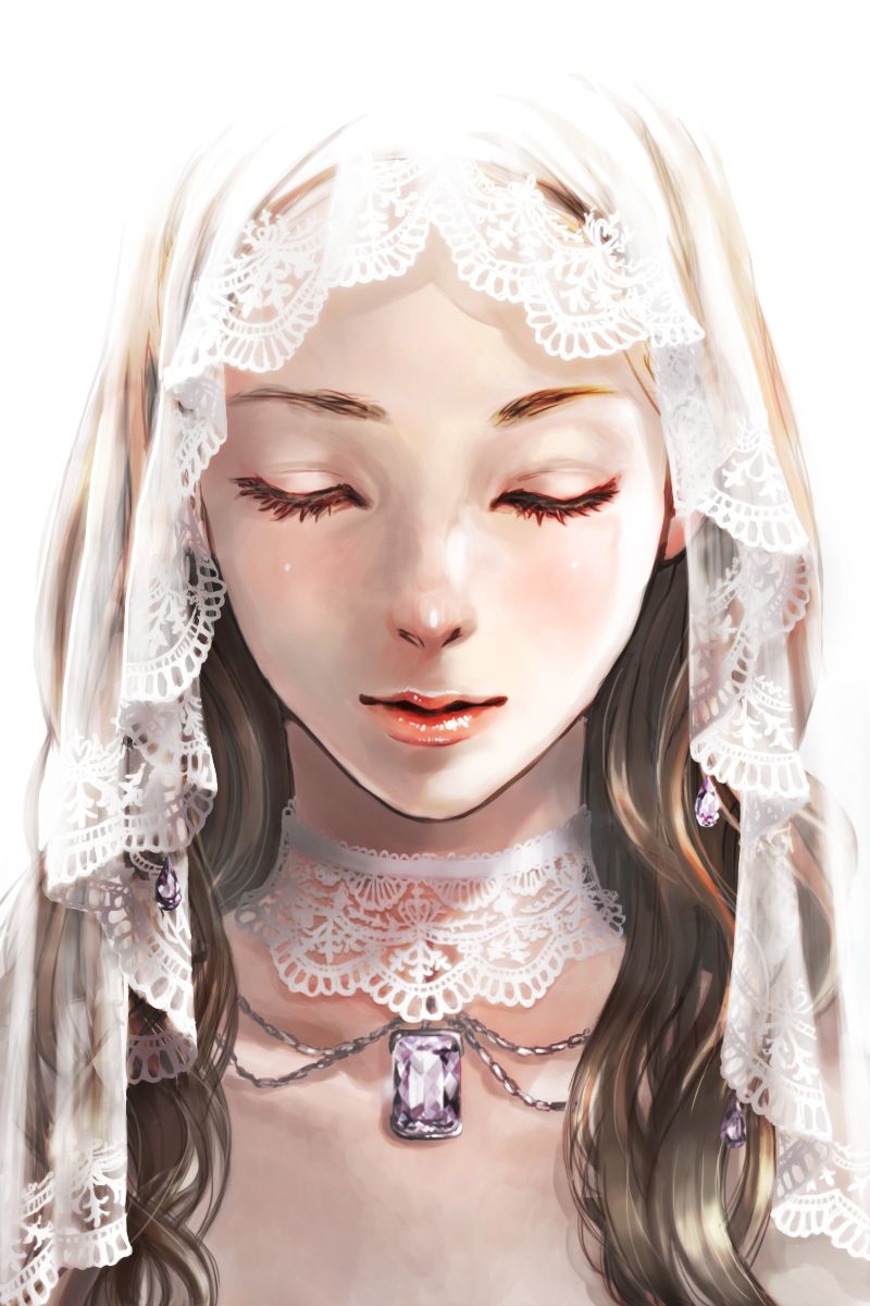 brown_hair closed_eyes cocoon_(yuming4976) gem highres jewelry lips long_hair necklace original realistic solo veil wavy_hair
