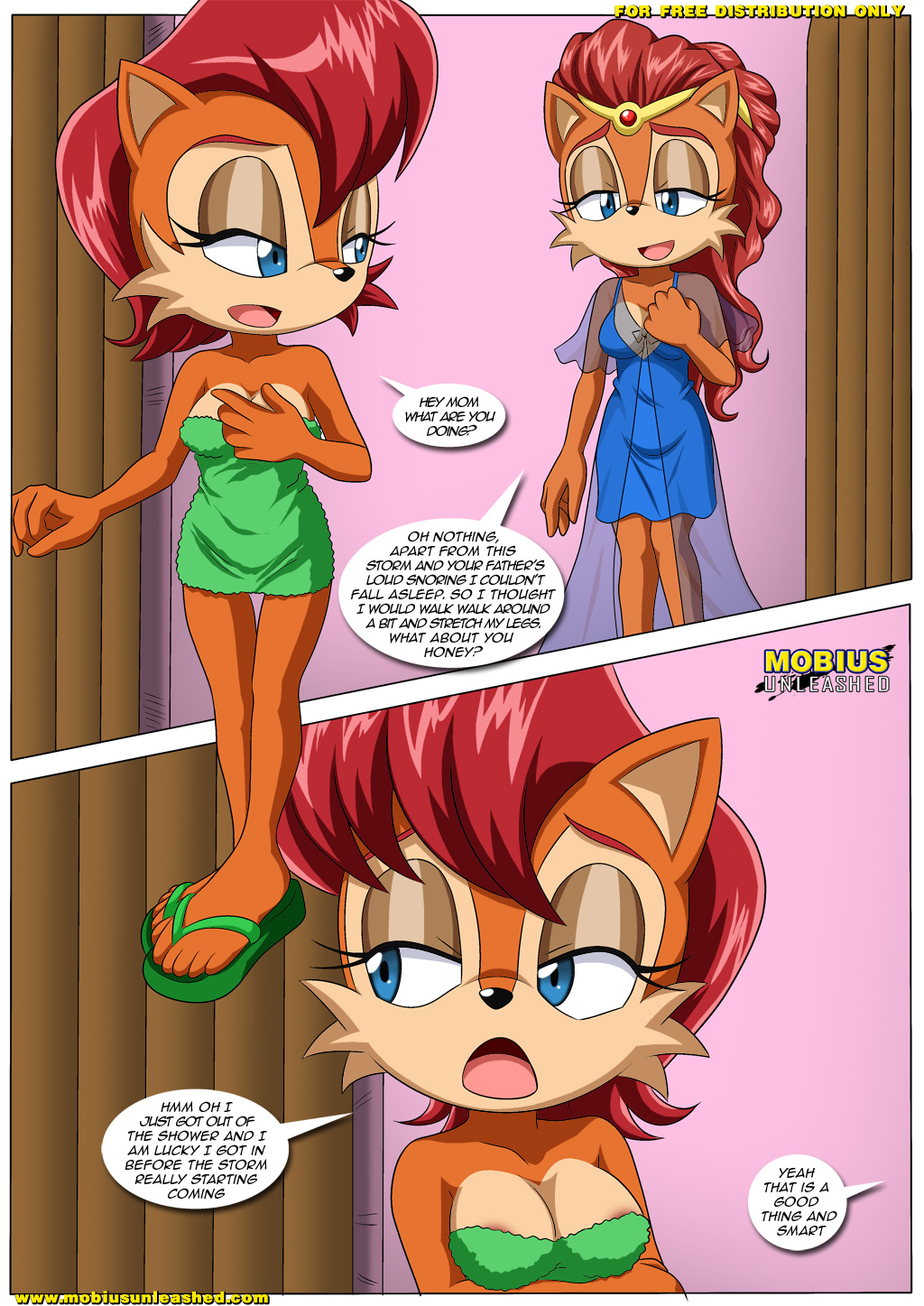 alicia_acorn anthro areola bbmbbf blue_eyes chipmunk clothed clothing comic dialog duo english_text female hair hedgehog long_hair mammal milf mother mother_and_daughter palcomix parent red_hair rodent sally_acorn sandals sandles sega sonic_(series) sonic_the_hedgehog text towel