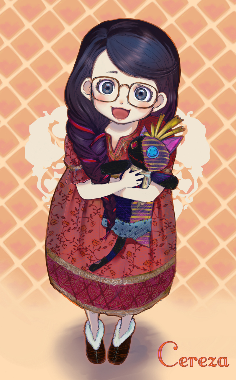 bayonetta black_hair cereza child doll glasses highres long_hair smile solo