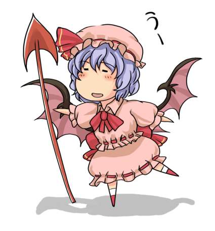 blue_hair chibi dress hat lowres polearm remilia_scarlet solo spear spear_the_gungnir standing standing_on_one_leg sunaipu_(age-zero) touhou weapon wings