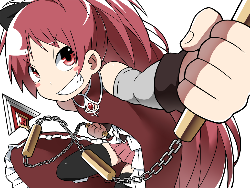 blush_stickers chain child detached_sleeves fang foreshortening gogiga_gagagigo grin hair_ribbon magical_girl mahou_shoujo_madoka_magica polearm ponytail red_eyes red_hair ribbon sakura_kyouko skirt smile solo soul_gem spear thighhighs transparent_background weapon younger