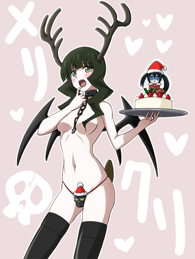:x antlers black_hair black_rock_shooter black_rock_shooter_(character) blue_eyes blush boots cake censored chain choker collar convenient_censoring dead_master food hat horns julius_yu long_hair minigirl multiple_girls navel pale_skin santa_hat skull stomach topless twintails wings