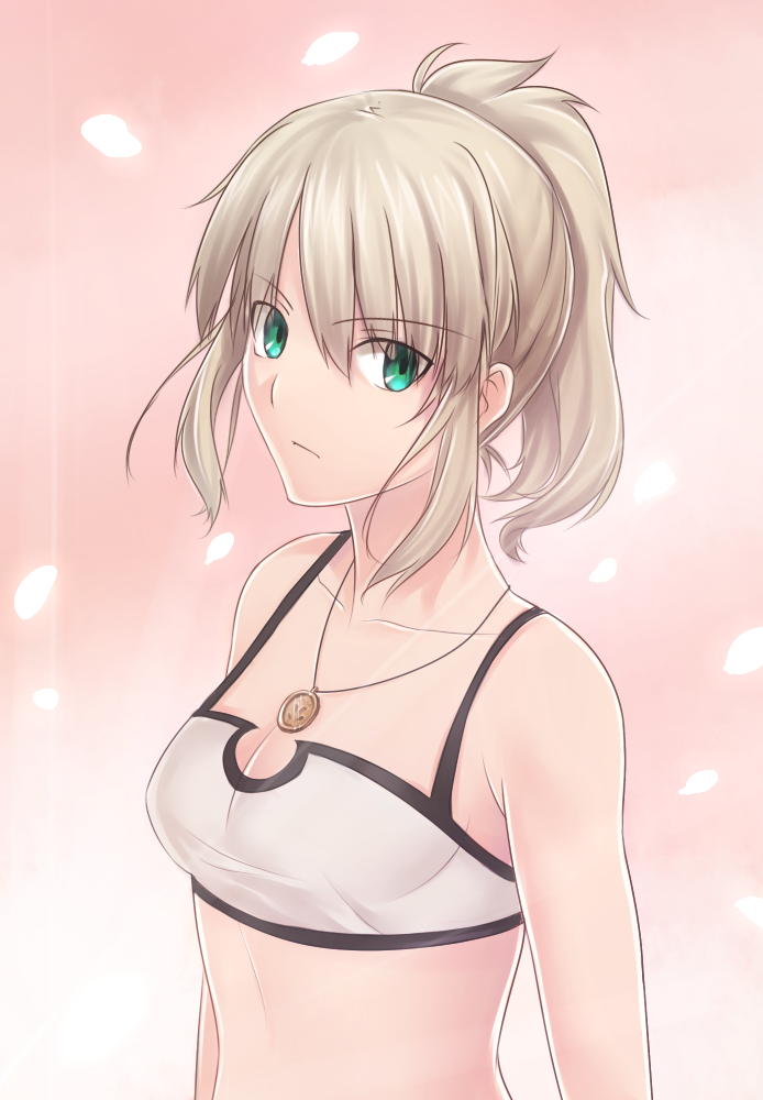 bare_shoulders blonde_hair breasts camisole cleavage fate/apocrypha fate_(series) green_eyes jewelry long_hair medium_breasts midriff mordred_(fate) mordred_(fate)_(all) necklace ponytail sidelocks solo sports_bra tusia
