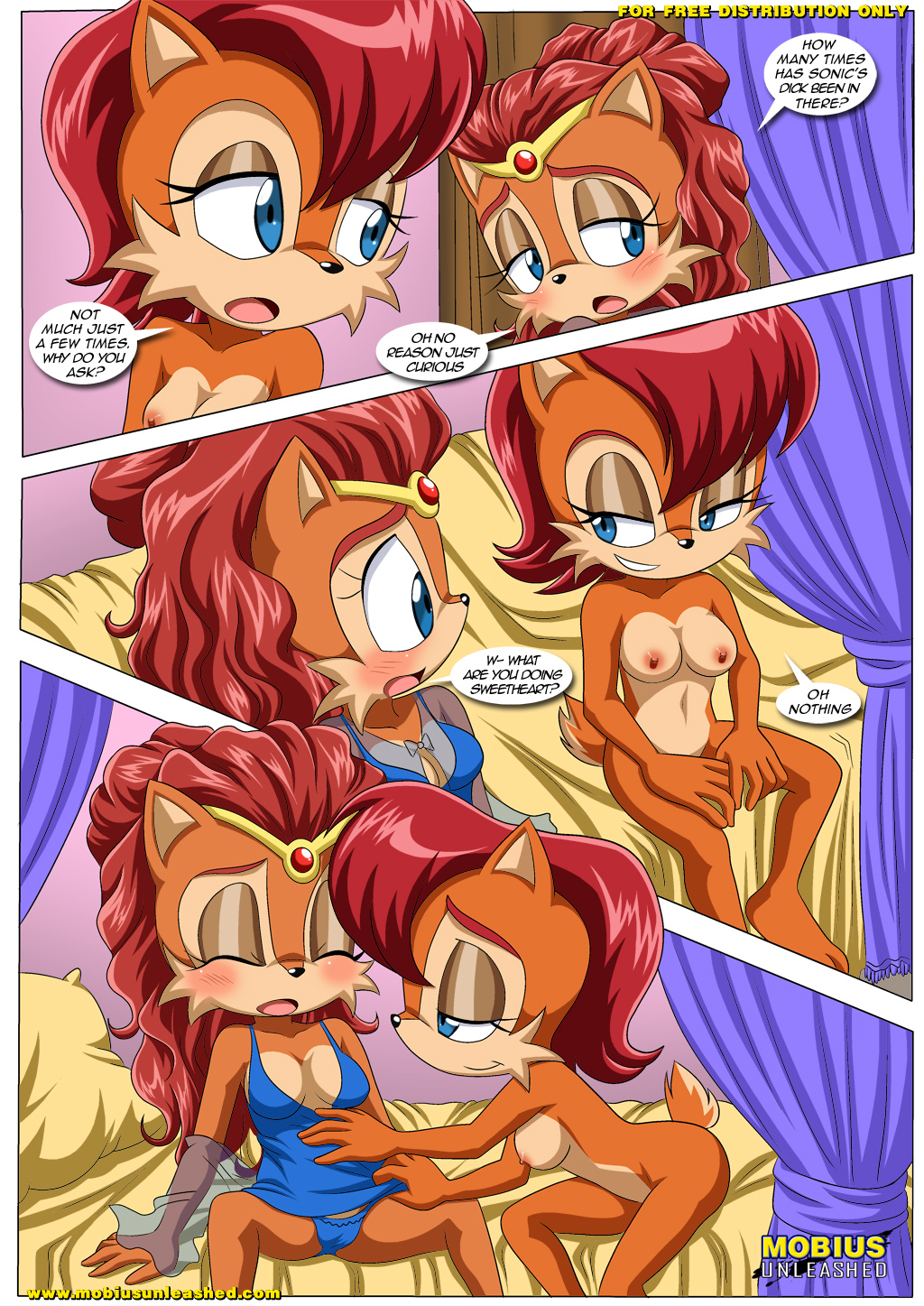 alicia_acorn anthro bbmbbf bed blue_eyes blush breasts camel_toe chipmunk clothing comic dialog dialogue duo english_text eyes_closed female incest mammal nipples palcomix rodent sally_acorn sega sonic_(series) squirrel text