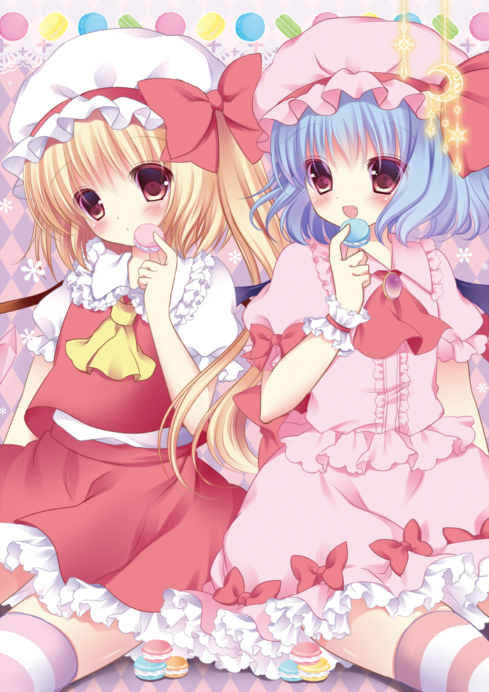 argyle argyle_background ascot blonde_hair blue_hair blush bow brooch crescent fang flandre_scarlet food hat hat_bow hat_ribbon jewelry macaron multiple_girls red_eyes remilia_scarlet ribbon shibainu_niki short_hair siblings side_ponytail sisters sitting skirt skirt_set smile star striped striped_legwear sweets thighhighs touhou wings wrist_cuffs