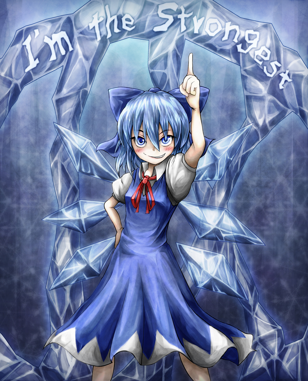 1girl bare_legs blue_dress blue_eyes blue_hair blush cirno dress english fairy grin hair_ornament hair_ribbon highres ice ice_wings pointing pointing_up ray-k ribbon roman_numerals skirt smile solo touhou wings