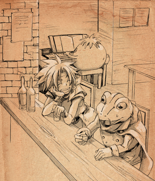 bad_id bad_pixiv_id bottle chrono_trigger crono drink instrument kaeru_(chrono_trigger) monochrome myk nu piano