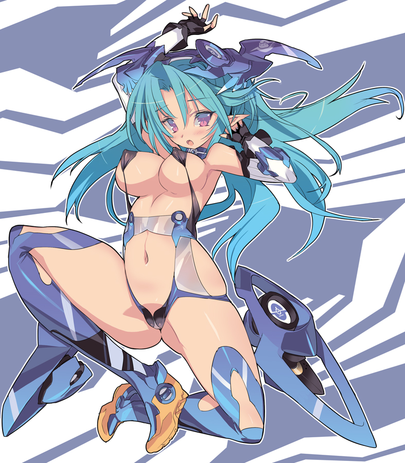 :o armpits arms_up bad_id bad_pixiv_id blade_(galaxist) blue_footwear blue_hair blush boots breasts covered_nipples fingerless_gloves gloves large_breasts long_hair looking_at_viewer navel original pointy_ears solo thigh_boots thighhighs
