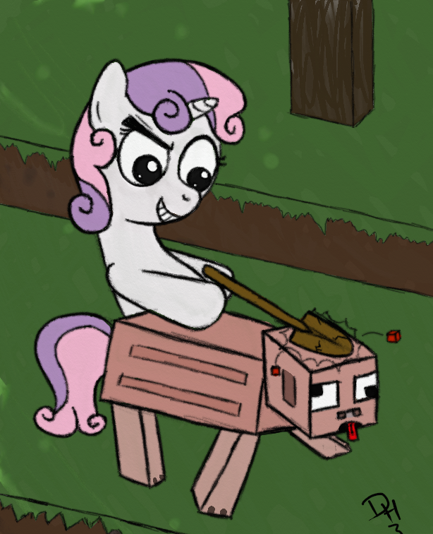 ambiguous_gender attacking claire_corlett dennyhooves equine female friendship_is_magic fur hair horn lets_flippin_play! mammal minecraft my_little_pony pig pink_hair porcine purple_hair shovel sneak_attack sweetie_belle_(mlp) tongue tongue_out two_tone_hair unicorn video_games white_fur young