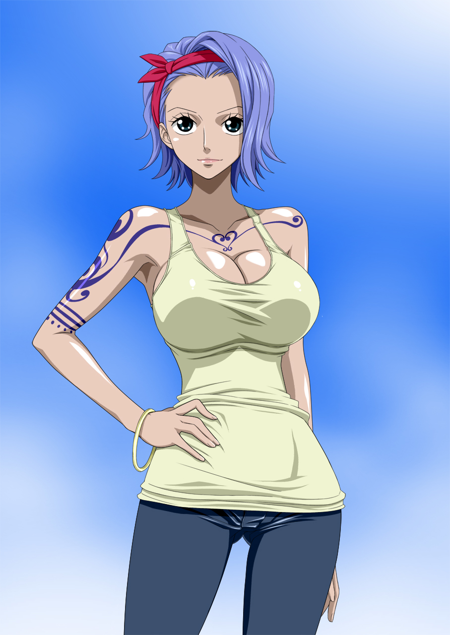 1girl bare_shoulders black_eyes blue_hair bracelet breasts cleavage conomi_islands denim east_blue hairband hand_on_hip hand_on_hips highres jeans jewelry large_breasts legs looking_at_viewer nel-zel_formula nojiko one_piece pants purple_hair short_hair simple_background smile solo standing tattoo thighs