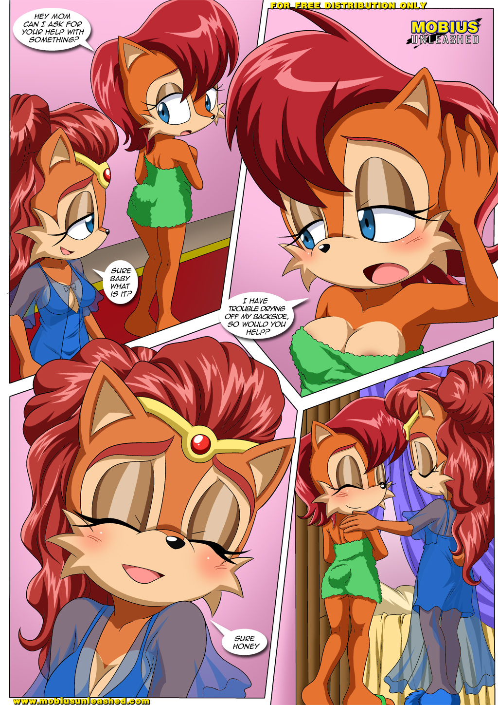 alicia_acorn anthro bbmbbf blue_eyes blush breasts chipmunk cleavage clothed clothing comic dialog dialogue duo english_text eyes_closed female hair hedgehog looking_back mammal mother palcomix parent red_hair rodent sally_acorn sega sonic_(series) sonic_the_hedgehog squirrel text towel