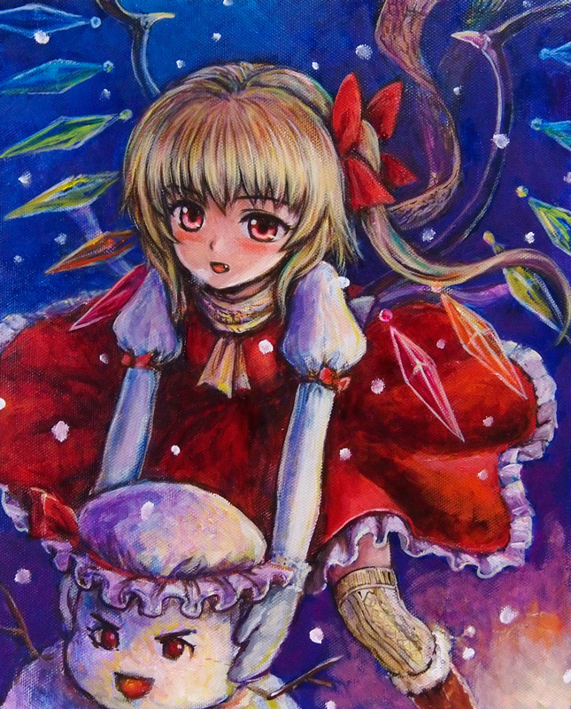 :o adapted_costume blonde_hair blouse blue_background boots breath dress fang flandre_scarlet hair_ribbon long_sleeves looking_at_viewer mittens no_hat no_headwear oil_painting_(medium) red_dress red_eyes remilia_scarlet ribbon short_hair side_ponytail snow snowman tafuto thighhighs touhou traditional_media wings