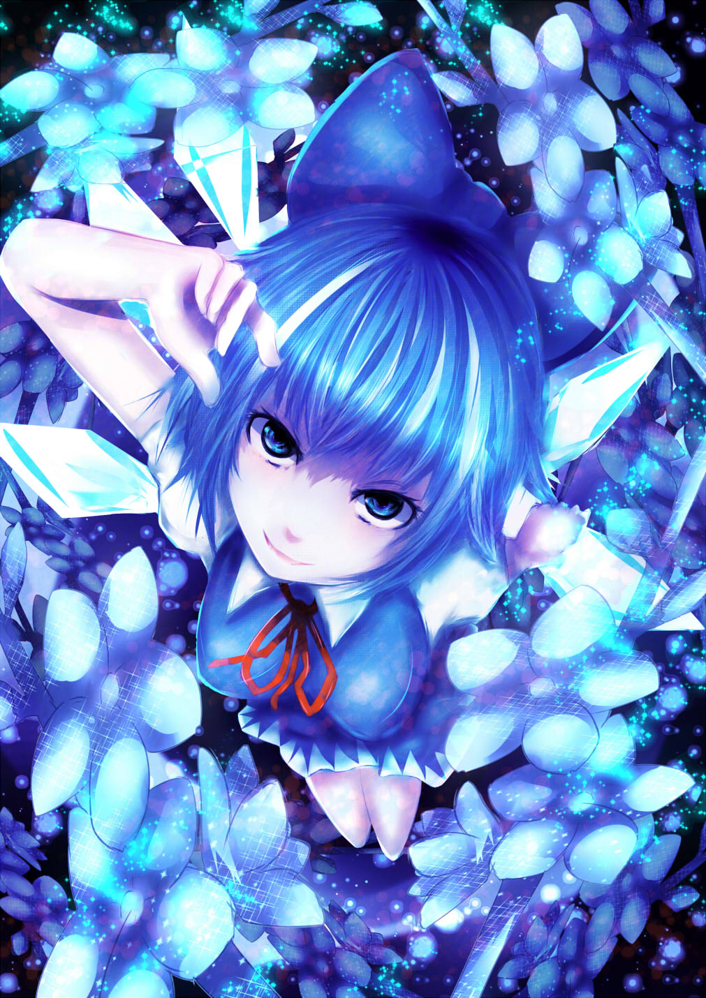 blue_eyes blue_hair bow breasts chiruru96 cirno dress hair_bow highres ice ice_wings lips medium_breasts ribbon short_hair smile solo touhou wings