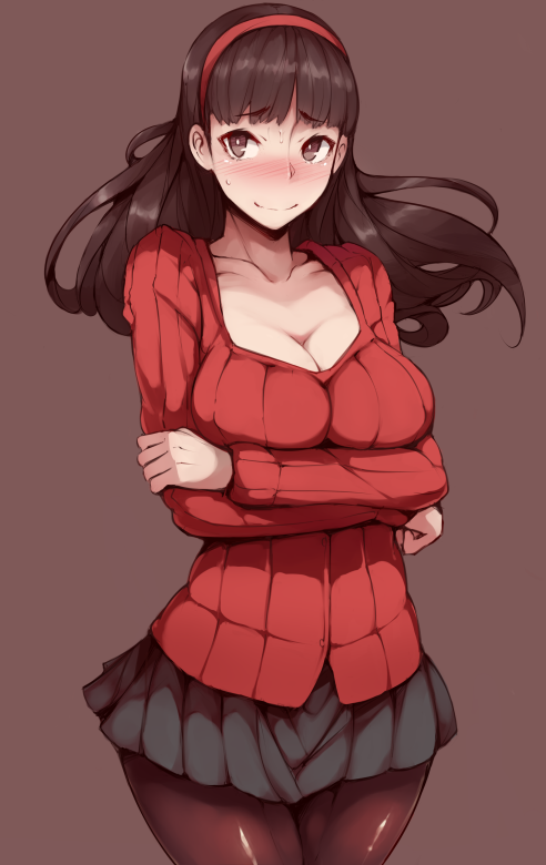 amagi_yukiko bad_id bad_pixiv_id black_hair black_legwear blush breast_hold breasts cardigan cleavage crossed_arms hairband large_breasts long_hair miniskirt pantyhose persona persona_4 pleated_skirt revision ribbed_sweater shy simple_background skirt smile solo sweater zako_(arvinry)