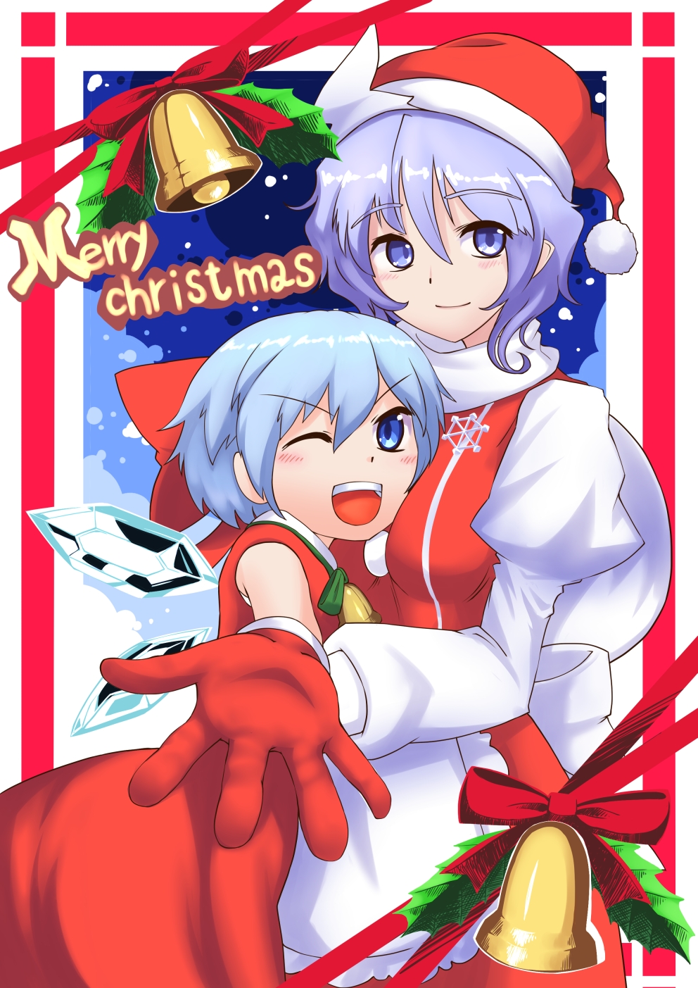 adapted_costume apron belt blue_eyes blue_hair blush breasts christmas cirno dress gloves hat highres ice ice_wings kashuu_(b-q) lavender_hair letty_whiterock medium_breasts multiple_girls open_mouth red_gloves ribbon santa_costume santa_hat scarf short_hair skirt smile touhou vest white_scarf wings