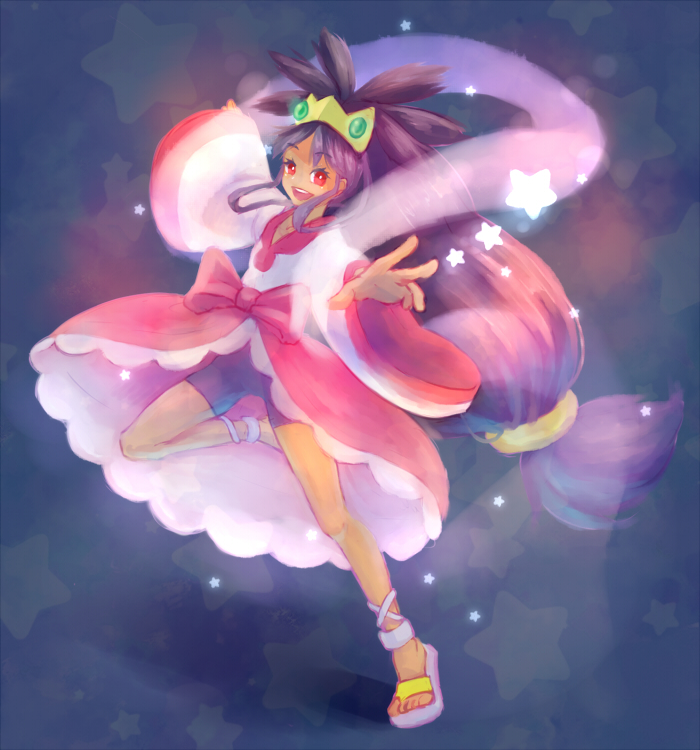 1girl bare_legs blush bow breasts brown brown_eyes champion crown dark_skin dress fang gem hand_on_hip heart highres iris_(pokemon) jewelry long_hair nintendo open_mouth pigeon-toed pink_eyes poke_ball pokemon pokemon_(anime) pokemon_(game) pokemon_bw2 pokemon_champion purple_hair red_eyes ribbon sandals shorts small_breasts smile solo star tiara very_long_hair wide_sleeves