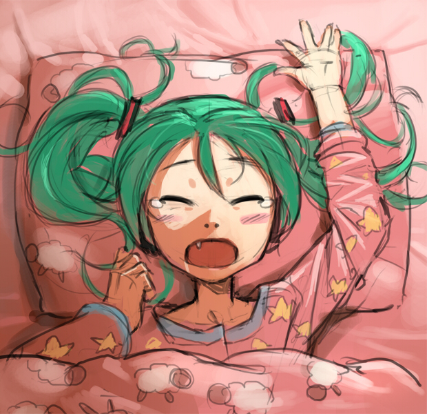 bed blush_stickers drawfag fang green_hair hatsune_miku long_hair open_mouth pajamas pillow solo star star_print tears twintails vocaloid waking_up yawning