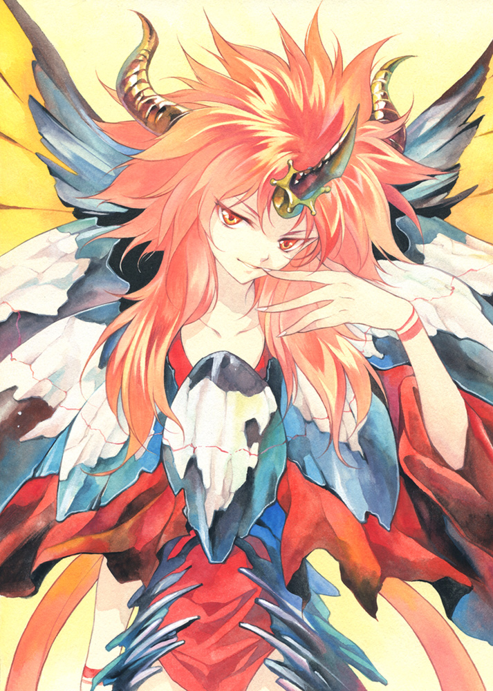 agahari butterfly_wings finger_to_mouth horns long_hair looking_at_viewer red_eyes red_hair riemsianne shining_(series) shining_force_exa smile solo wings