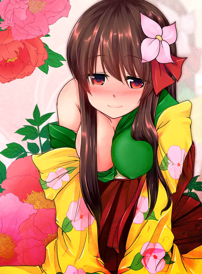 bare_shoulders blush breasts brown_eyes brown_hair censored cleavage convenient_censoring field flower flower_field hair_ornament hazuki_kyou hieda_no_akyuu japanese_clothes kimono large_breasts long_hair off_shoulder older red_eyes smile solo touhou