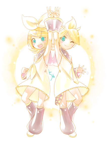 1girl :d ;) aqua_eyes blonde_hair brother_and_sister crossdressing dress kagamine_len kagamine_rin kei_(keigarou) looking_at_viewer one_eye_closed open_mouth short_hair siblings smile twins vocaloid