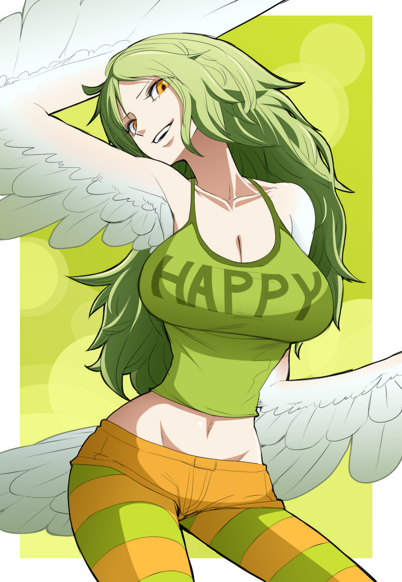 1girl bare_shoulders breasts cleavage donquixote_pirates female green_hair harpy highres large_breasts long_hair midriff monet_(one_piece) monster_girl one_piece punk_hazard solo striped striped_legwear