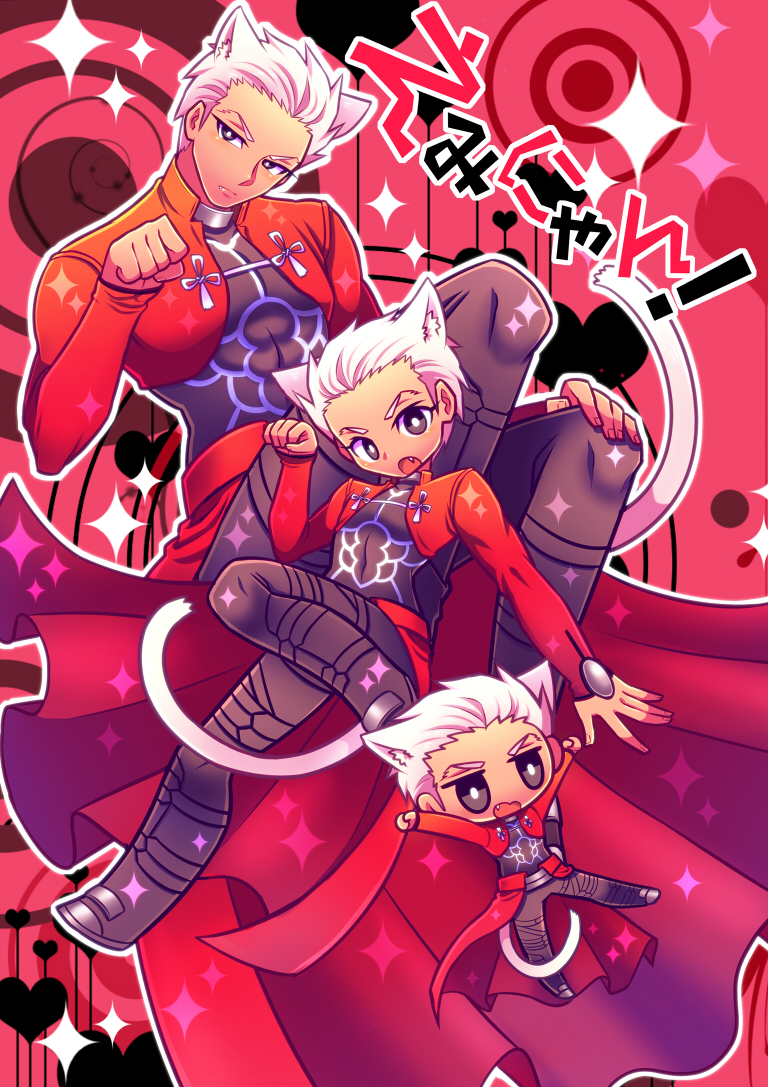 animal_ears archer bad_id bad_pixiv_id cat_ears cat_tail chibi chiharudaaaaaaa fate/stay_night fate_(series) grey_eyes kemonomimi_mode male_focus multiple_boys multiple_persona older paw_pose tail translated white_hair younger