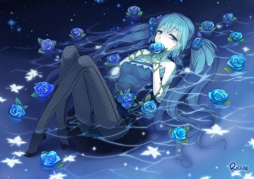 aqua_hair black_legwear blue_dress blue_flower blue_hair blue_rose dress flower hatsune_miku long_hair looking_at_viewer panties pantyhose paranoia_(vocaloid) partially_submerged plant riccae rose sleeveless sleeveless_dress solo striped striped_panties thorns twintails underwear very_long_hair vines vocaloid water wet wet_clothes