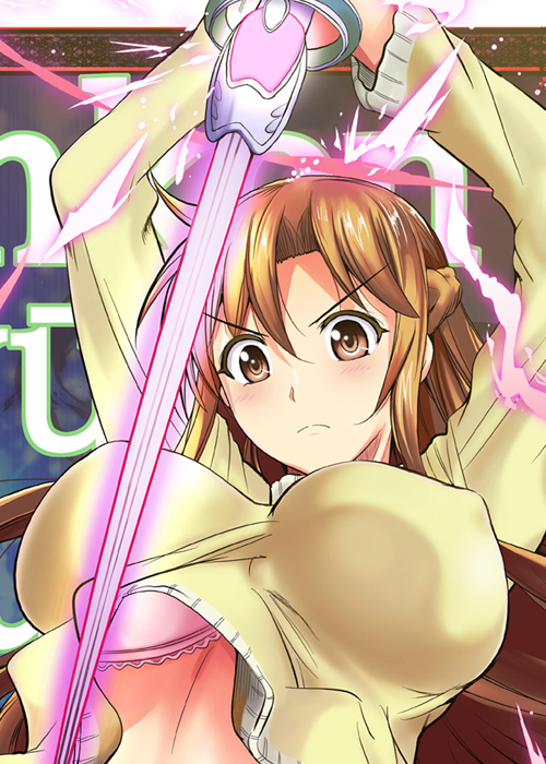 asuna_(sao) bra brown_eyes brown_hair fuetakishi long_hair solo sweater sword sword_art_online underwear upshirt weapon