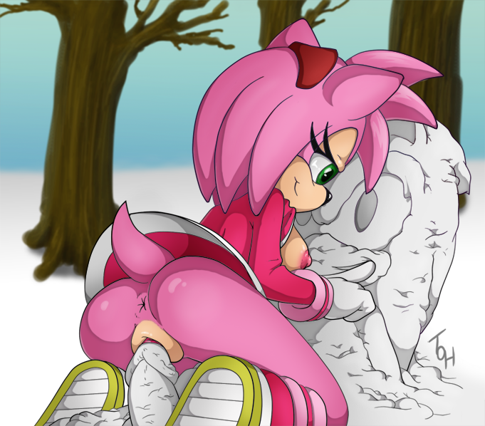 amy_rose anthro anus breasts butt clothing erection female green_eyes hair hedgehog mammal nipples outside penis pink_hair pussy sega smile snow solo sonic_(series) the_other_half tree