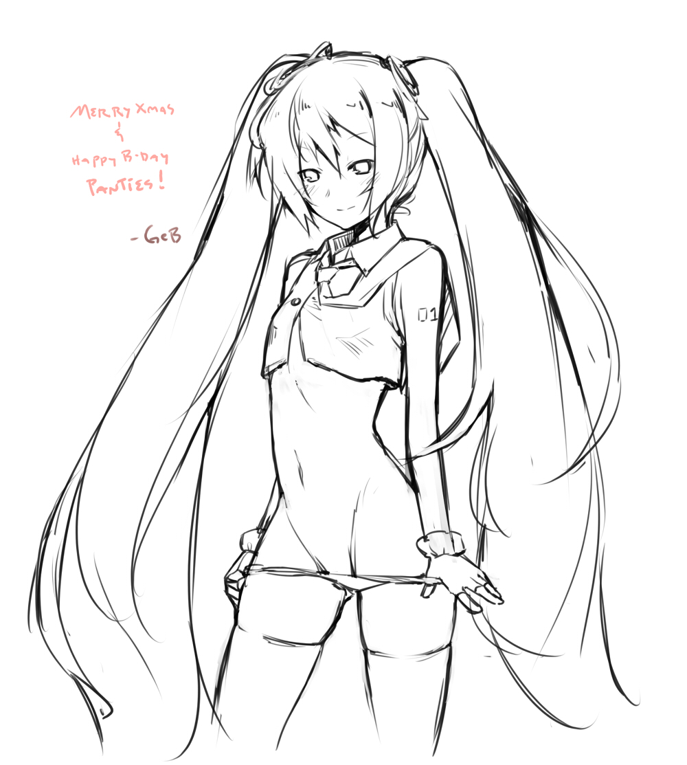 blush crop_top fingerless_gloves flat_chest gebyy-terar gloves greyscale hair_ornament half-shirt happy_birthday hatsune_miku long_hair monochrome navel necktie no_pants panties panty_pull sketch smile solo tattoo thighhighs twintails underwear undressing very_long_hair vocaloid