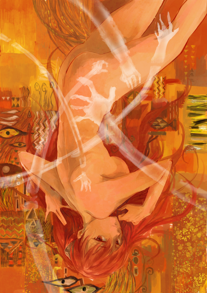 abstract ass bad_id bad_pixiv_id elfen_lied eyes faux_traditional_media hands horns long_hair looking_at_viewer lucy nude orange_(color) red_eyes red_hair see-through solo txiixf upside-down vectors