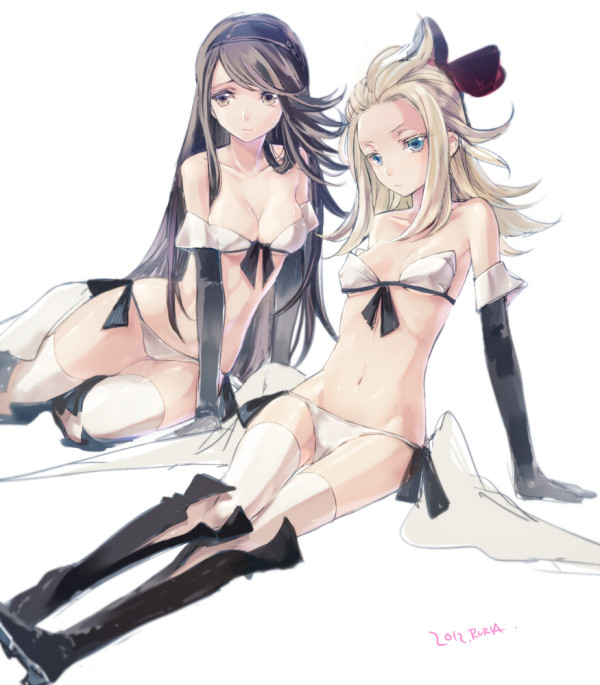 agnes_oblige bare_shoulders blonde_hair blue_eyes boots bow bravely_default:_flying_fairy bravely_default_(series) breasts brown_eyes brown_hair cleavage dated edea_lee elbow_gloves gloves hair_bow hairband long_hair looking_at_viewer medium_breasts miyuki_ruria multiple_girls panties signature simple_background sketch small_breasts thighhighs underwear white_background white_legwear white_panties
