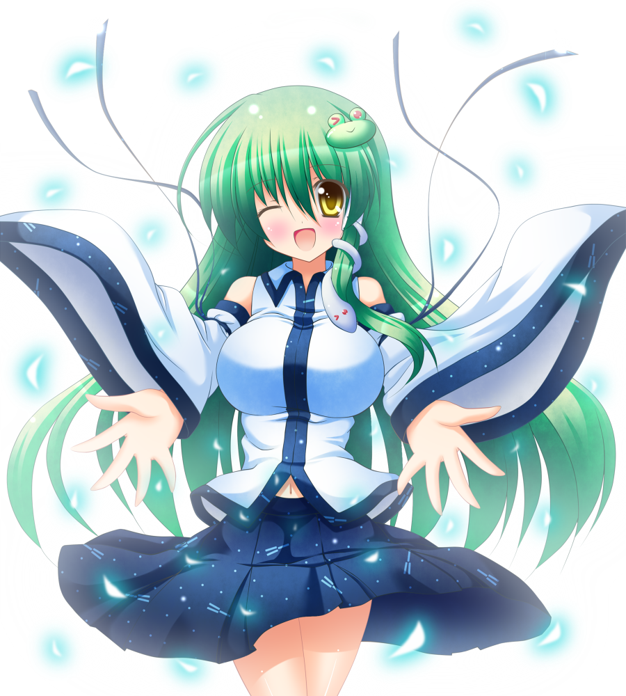 blush breasts detached_sleeves frog_hair_ornament green_hair hair_ornament hair_tubes kochiya_sanae large_breasts long_hair one_eye_closed open_mouth osashin_(osada) ribbon skirt smile snake snake_hair_ornament solo touhou yellow_eyes