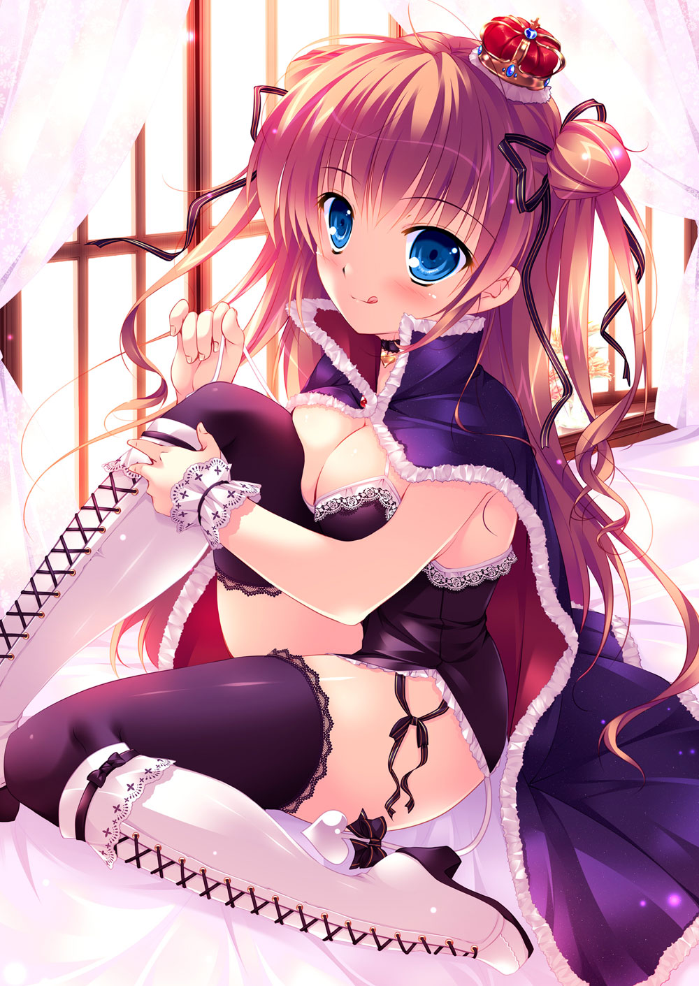 :q blue_eyes boots breasts brown_hair cape choker cleavage cropped cross-laced_footwear crown curtains demon_tail double_bun eyebrows_visible_through_hair frills hair_ribbon highres knee_boots lace-up_boots long_hair looking_at_viewer medium_breasts mikeou no_panties original purple_legwear ribbon sitting solo tail thighhighs tongue tongue_out two_side_up window