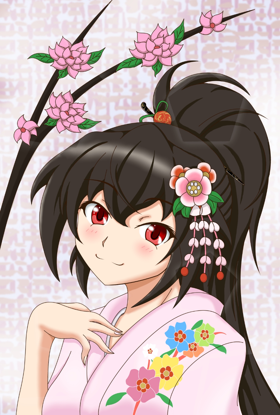 alternate_costume alternate_hairstyle black_hair branch fingernails floral_print flower_request hair_ornament hair_stick hand_on_own_chest highres japanese_clothes kimono long_hair looking_at_viewer mimix33 red_eyes reiuji_utsuho solo touhou upper_body