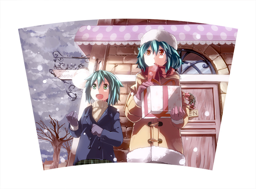 aioi_aoi alternate_costume antennae box building cloud cloudy_sky coat door gift gift_box gloves green_eyes green_hair hat jacket kazami_yuuka long_sleeves multiple_girls open_mouth pink_gloves red_eyes scarf shop short_hair sign sky smile snowing sweater touhou tree turtleneck winter winter_clothes wriggle_nightbug
