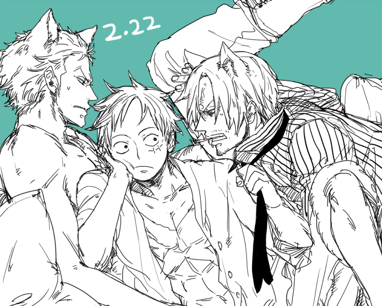 3boys abs animal_ears aqua_background cat_ears cigarette color_background hand_rest male male_focus monkey_d_luffy monochrome multiple_boys muscle necktie one_piece open_clothes open_shirt roronoa_zoro sanji scar shirt striped striped_shirt topless xla009
