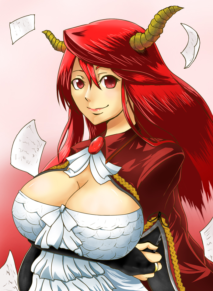 breast_hold breasts bridal_gauntlets cape cleavage cleavage_cutout crossed_arms demon_girl gem horns huge_breasts long_hair maou_(maoyuu) maoyuu_maou_yuusha paper red_eyes red_hair smile solo souren