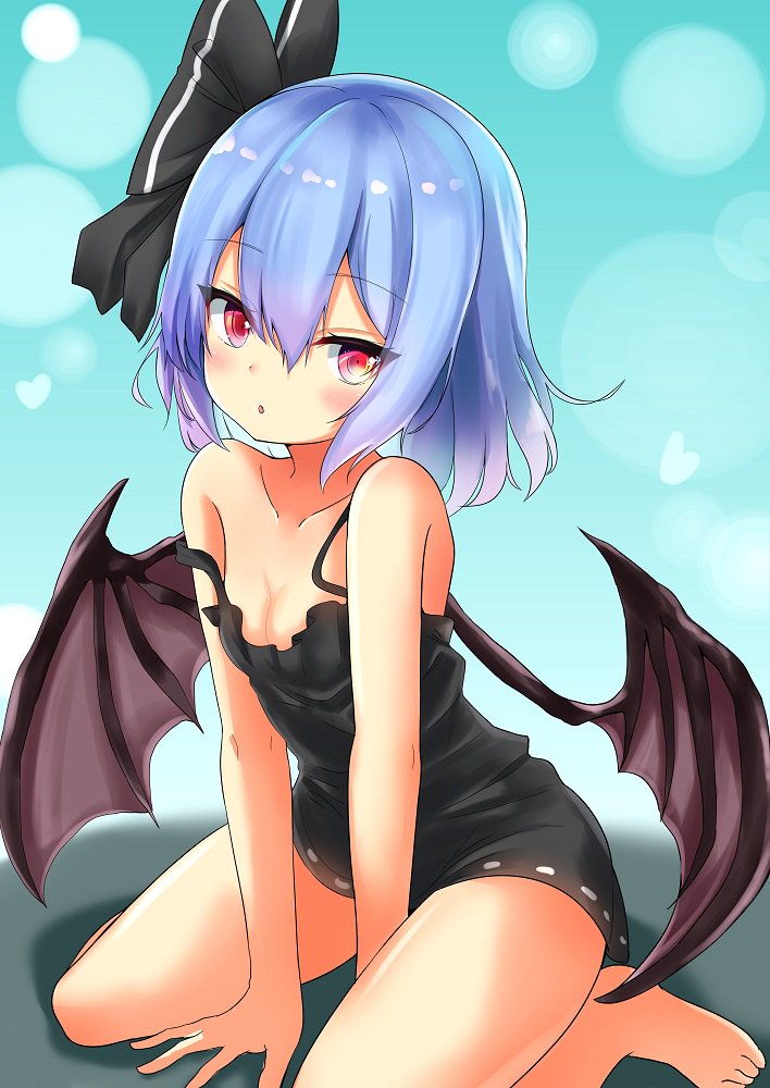 1girl :o alternate_costume arm_support bangs bare_arms bare_legs bare_shoulders barefoot bat_wings black_dress black_ribbon blue_background blue_hair breasts cleavage collarbone commentary_request dress eyebrows_visible_through_hair gradient gradient_background hair_between_eyes hair_ribbon heart no_hat no_headwear parted_lips pink_eyes remilia_scarlet renka_(cloudsaikou) ribbon shadow short_dress short_hair sitting small_breasts solo spaghetti_strap strap_slip thighs touhou wariza wings