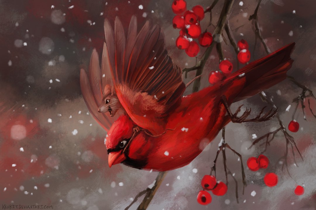 2019 avian beak berry bird cardinal_(bird) digital_media_(artwork) duo feathered_wings feathers feral food fruit kenket mammal mouse plant red_feathers riding rodent smile snow wings