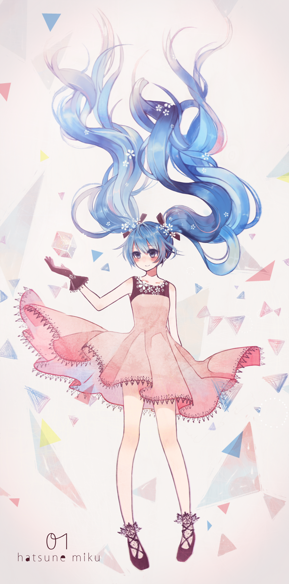 asakaya blue_eyes blue_hair blush character_name dress floating_hair gloves hatsune_miku highres long_hair smile solo triangle twintails very_long_hair vocaloid