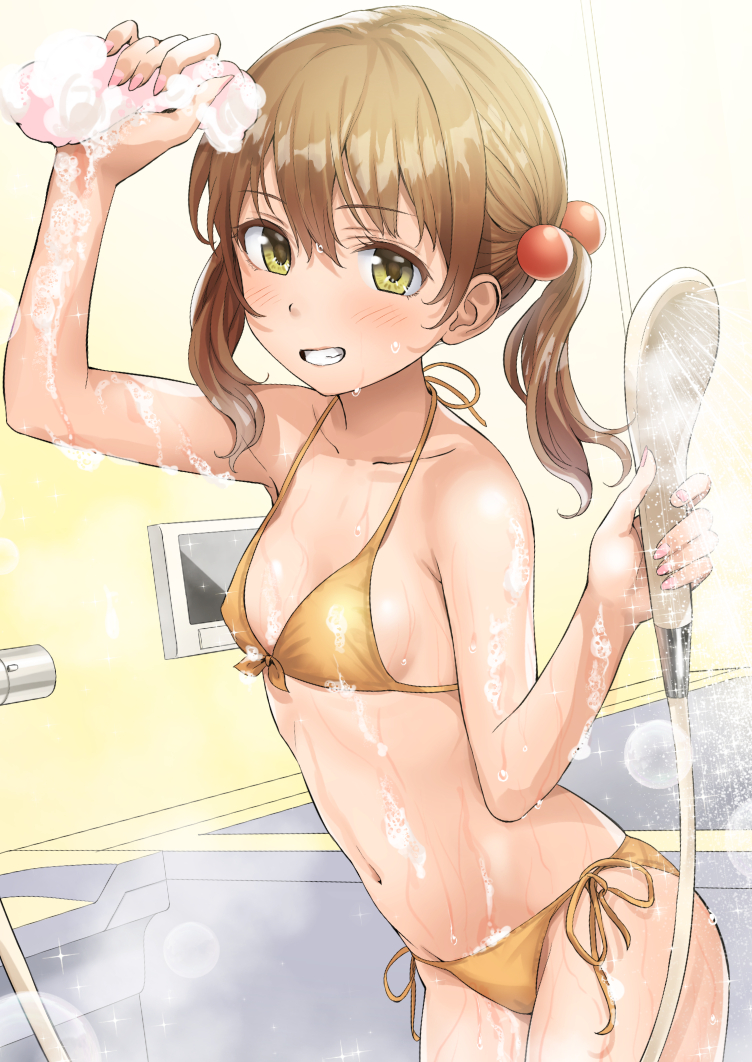 1girl arm_up bangs bare_arms bare_shoulders bath bathroom bathtub bikini blush breasts brown_eyes brown_hair collarbone commentary_request cowboy_shot eyebrows_visible_through_hair front-tie_bikini front-tie_top grin hair_bobbles hair_ornament halterneck hand_up holding indoors long_hair looking_at_viewer navel original shower_head showering side-tie_bikini small_breasts smile soap_bubbles solo sparkle sponge standing swimsuit teeth twintails water wet wet_hair yellow_bikini yoropa